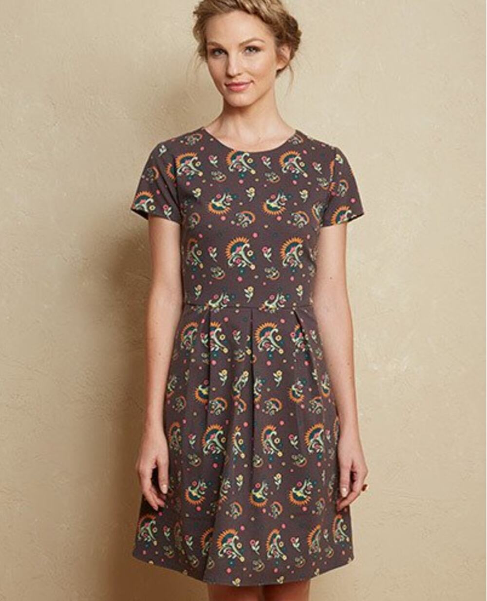 MATILDA JANE Women's Brown Short Sleeve Floral Maja Fit & Flare Ponte Dress // S